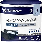 NorthShore MegaMax AirLock Adult Diapers with Tabs, Black, Small, 12 Count | 9-Hour Incontinence Underwear for Men, Women &amp; Teens, Breathable, Overnight Heavy Bladder Leaks (HBL), Fits Waists 24-34 in.