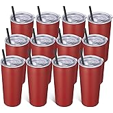 VEGOND 20oz Tumbler Bulk with Lid and Straw 12 Pack, Stainless Steel Vacuum Insulated Tumbler, Double Wall Coffee Cup Travel Mug, Red
