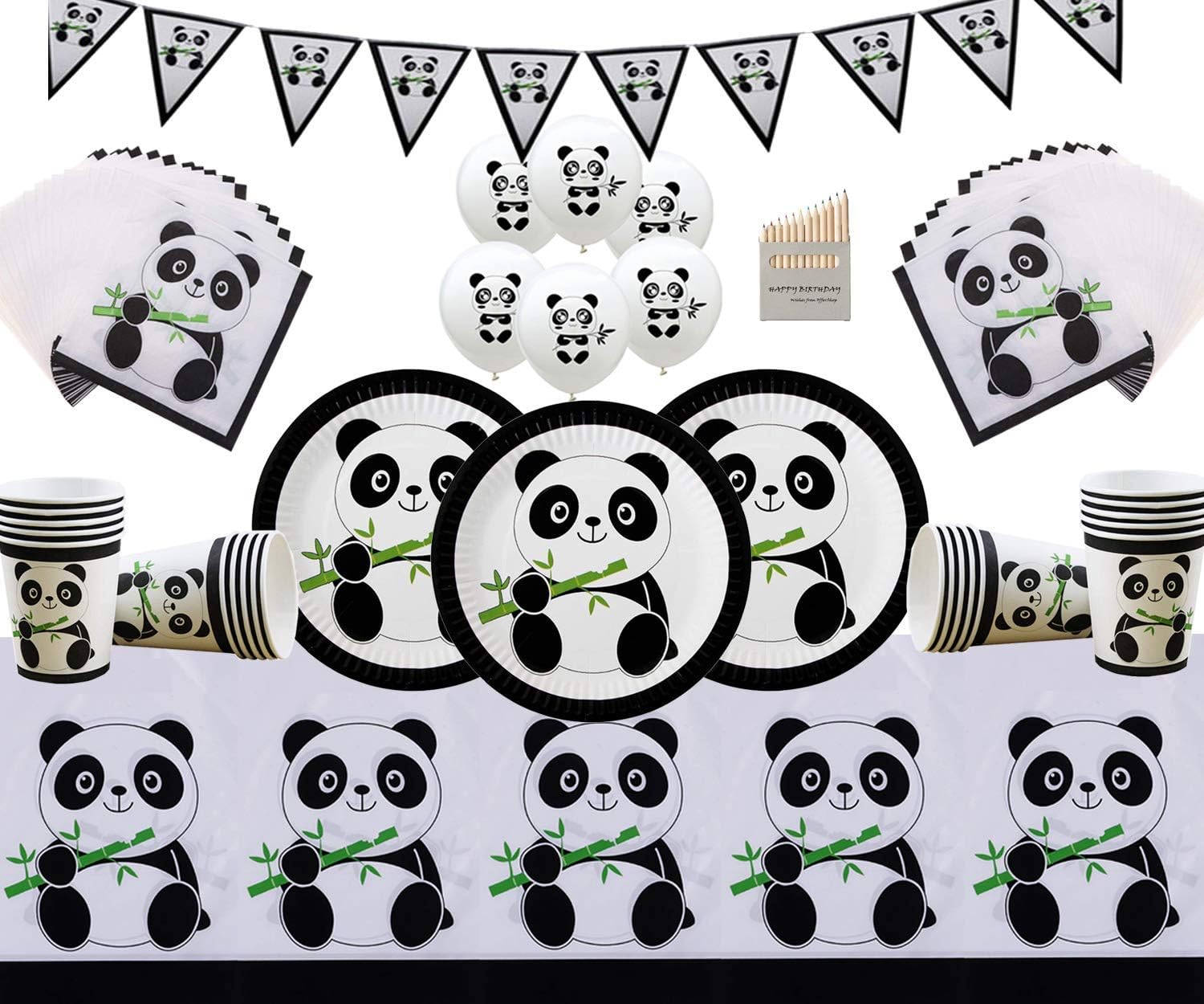 Panda Party Tableware Birthday Decoration Panda Paper Plates Cups Napkins Tablecloth Banner Free Panda Balloons & Colour Pencils-Serves 16 Guests