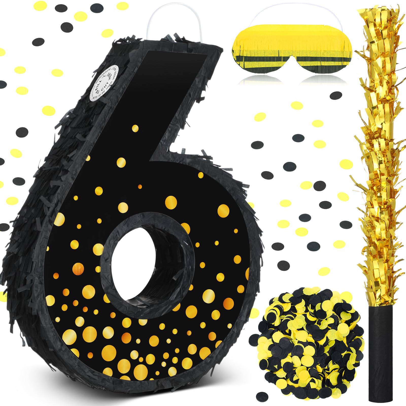 Photo 1 of Poen Pinata for Birthday Party Decorations Black Gold Pinata with Blindfold Stick Confetti and Eye Mask for Party Supply Anniversary Baby Shower Retirement Supplies(Number 6)