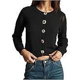 RoseSeek Women's Gem Button Cardigan Crew Neck Cropped Sweaters Elegant Fall Outfits