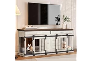 ERINNYEES Solid Wood Dog Crate Furniture, 72.4" Heavy Duty Dog Crates for Large Dogs, Wooden Dog Crate with Divider, Indoor Dog Cage Furniture TV Stand with Sliding Doors, Drawers