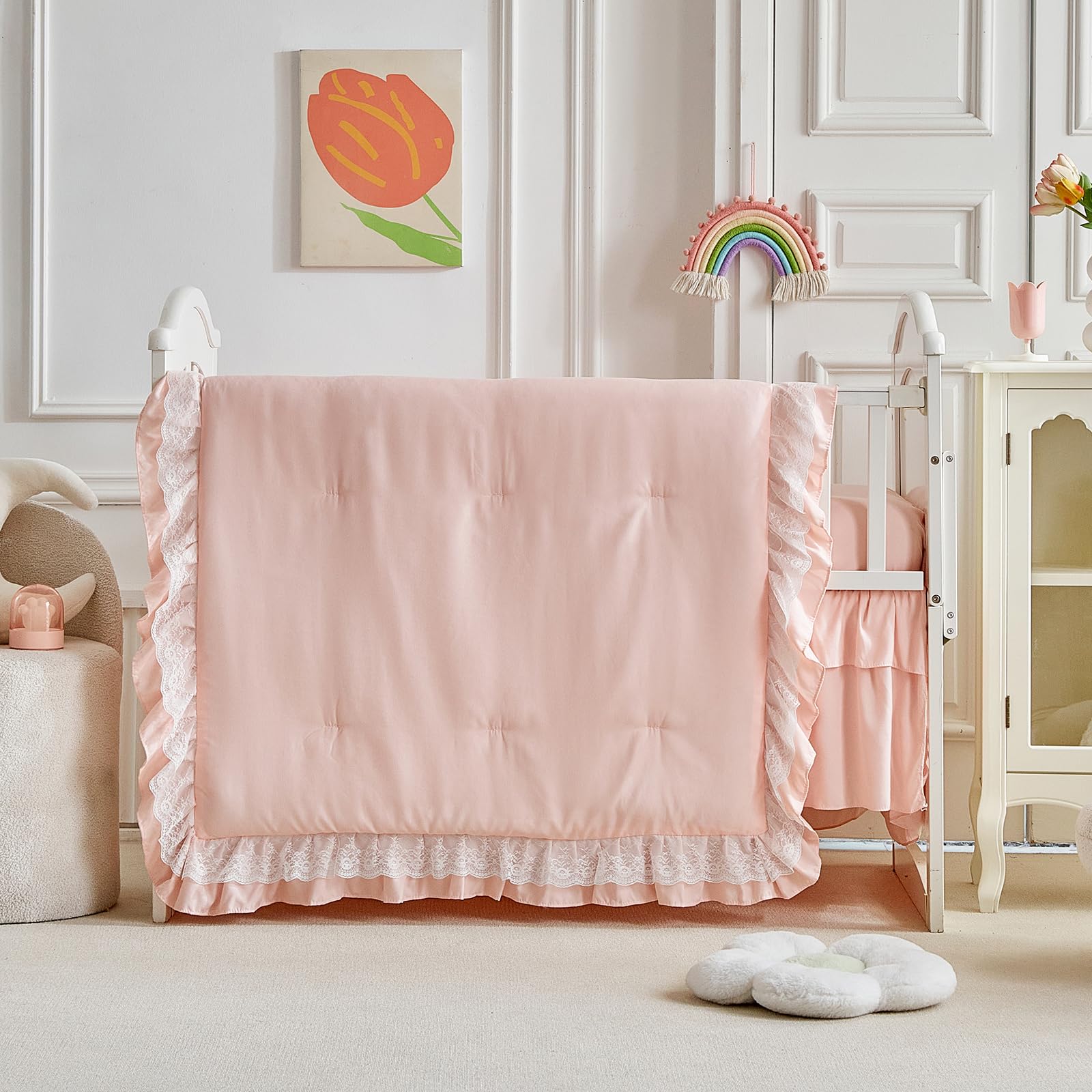 Photo 1 of Lace Ruffle Crib Bedding Set 3 Pieces Baby Boho Lace Quilted Comforter with Fitted Sheet and Bed Skirt - Cute Ruffled Shabby Chic Baby Bedding Soft Blanket Design Cream White Beige