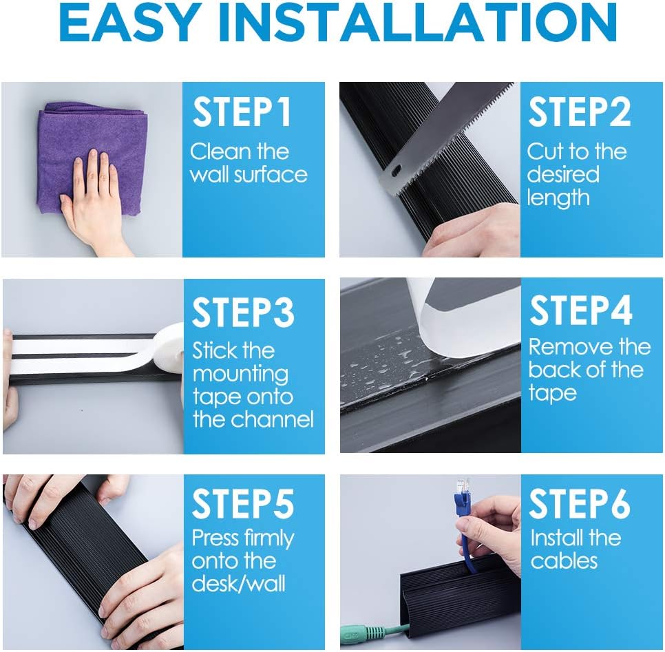 Updated 94" J Channel Cable Raceway - Desk Cord Organizer - Computer Cable Management Under Desk with 196" Mounting Tape - 6 Count Desk Cable Tray for Office, Home, JCCR-05 (15.7" Each, Black): Electronics