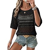 EVALESS Womens Summer Crochet Tops Half Sleeve Hollow Out Beach Vacation Clothes Resort Wear Cruise Outfits