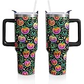 Pumpkin Halloween Gifts for Women Men, Horror Pumpkin Face Stainless Steel Insulated Travel Coffee Cup, 40 Oz Tumbler with Handle and Straw, Holiday Birthday Water Bottle (1 PC)