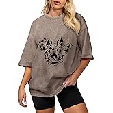 Flafens Oversized Acid Wash Vintage T Shirts for Women - Graphic Tees Womens Retro Cotton Cute Cool Loose Tshirts Teens Girls