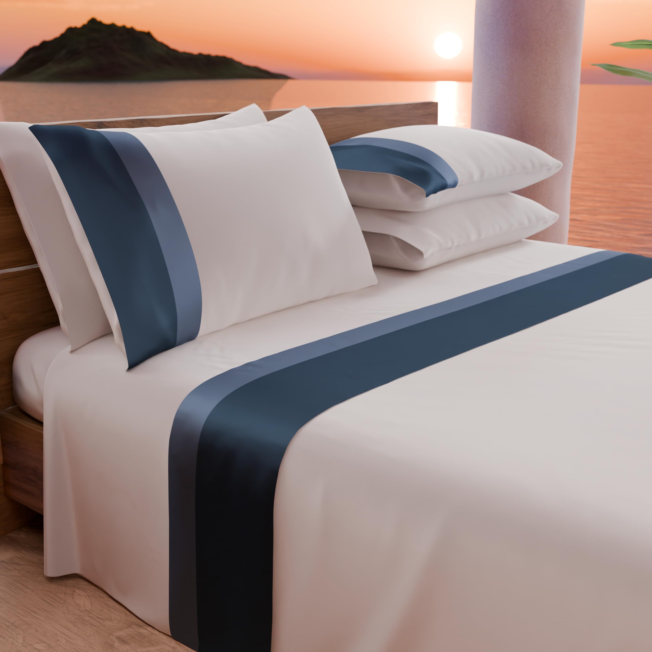 PETTI Artigiani Italiani - Double Bed Sheet Set with Double Satin Frill, 4 Pieces, 180 x 200 cm, Cotton Percale Sheets - Fitted Sheet, Top Sheet and 2 Pillowcases, Blue