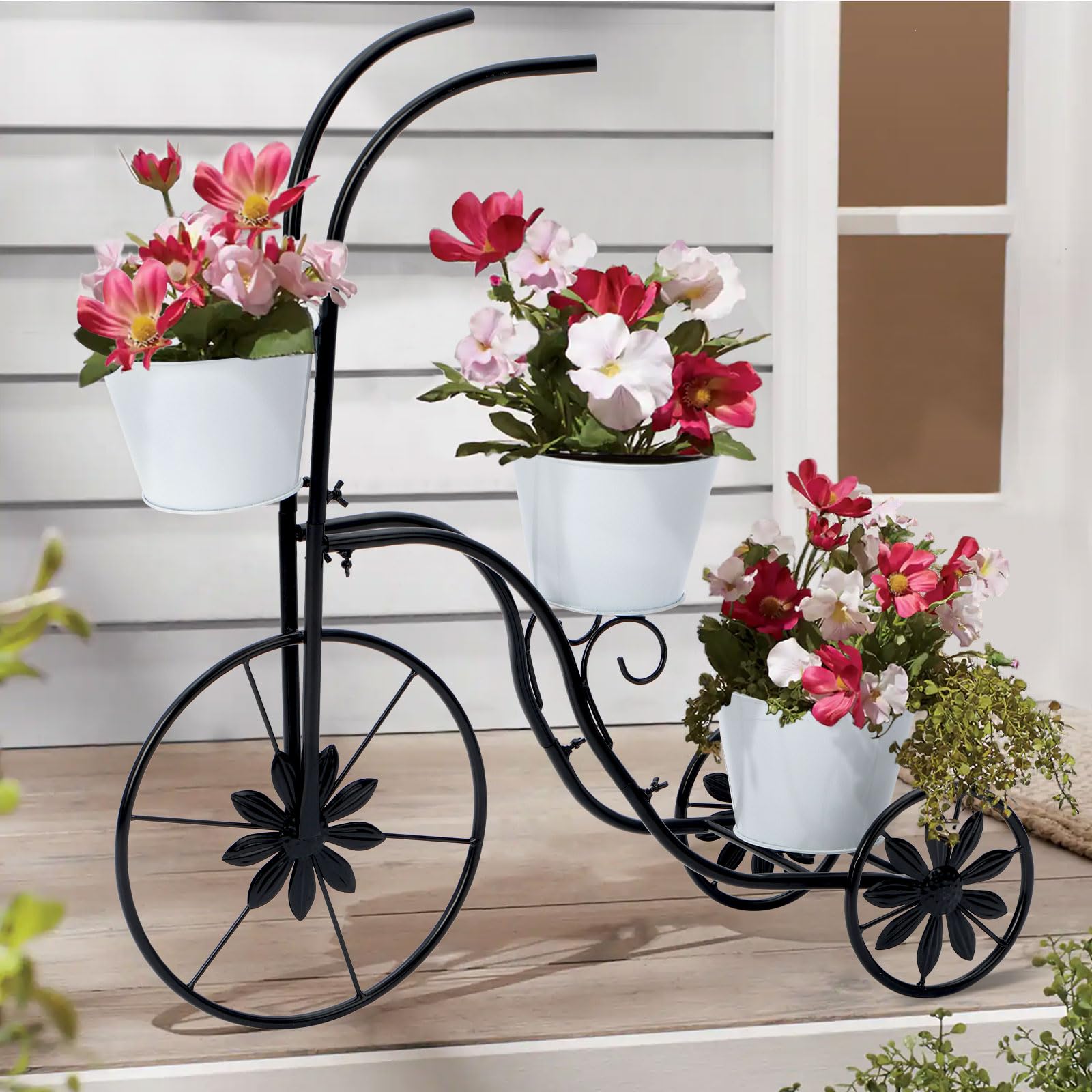 Photo 1 of BAYN Bicycle Planter Stand, Metal Flower Pot Cart Holder Tricycle Planter with 3 Plant Bucket Outdoor Decorative for Patio, Deck, Garden or Lawn