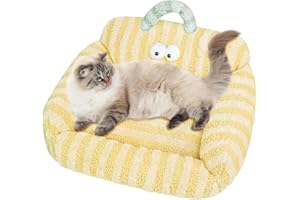 APTKIN Cat Beds for Indoor, Anti-Slip Cat Couch, Cat Sofa with Ultra Soft Short Plush, Cozy & Self Warming, Pet Cushion for Small Dog, Kitten. Puppy, Pet Bed with Cute Eyes Design, Fits up to 15 lbs, Yellow