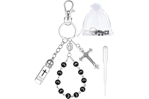 Blushtier Holy Water Bottle Keychain Gift with Rosary Bead Crucifix Eyedropper Organza Bag, Catholic Rosary for Xmas Party(Black,Classic)