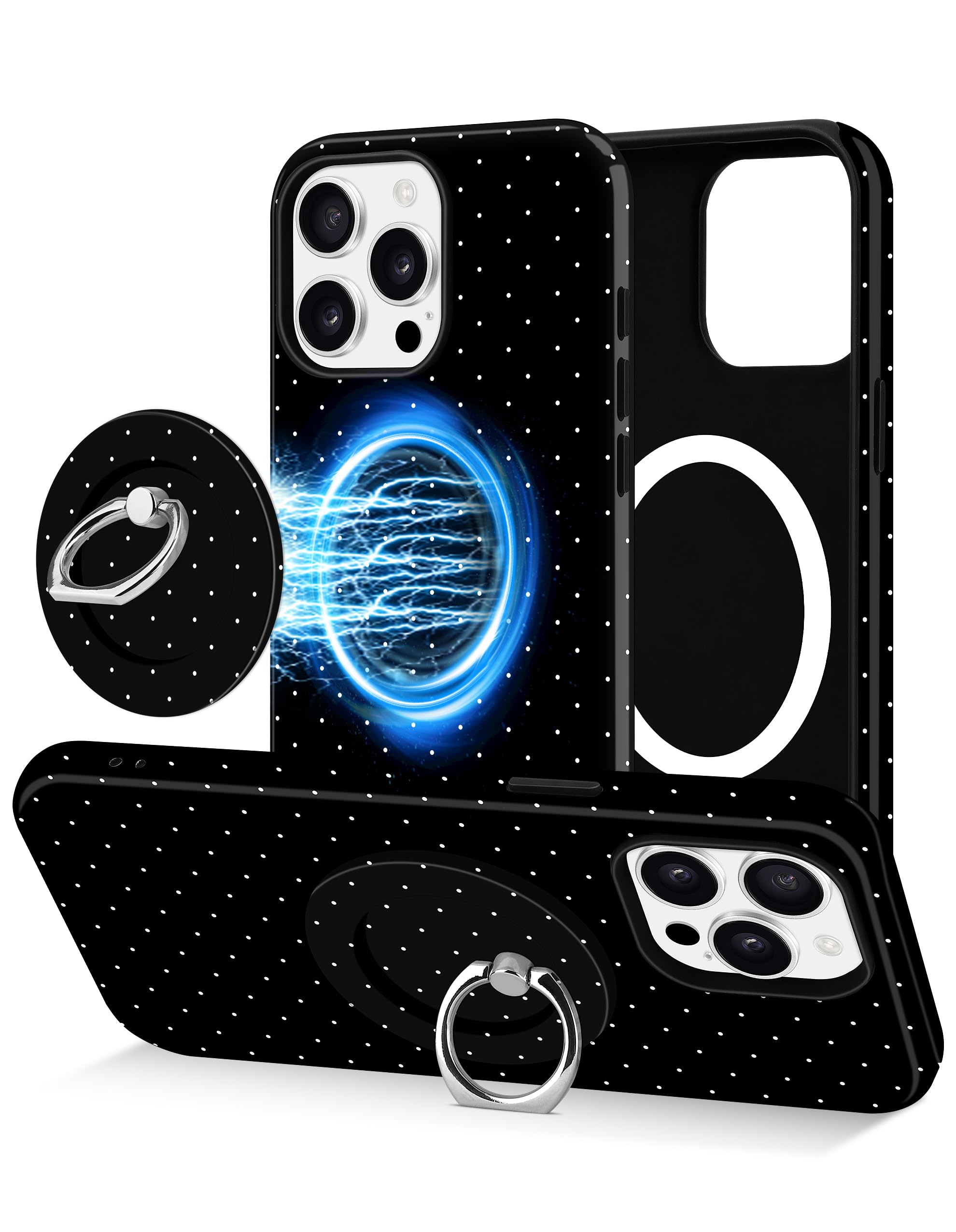 Photo 1 of Jusy Compatible with Magsafe Polka Dot Phone Case for iPhone 15 Pro, Cute Aesthetic Magnetic Ring Holder Stand Case, Soft TPU and Hard PC Protective Phone Cover for Women Girls - Black Polka Dot