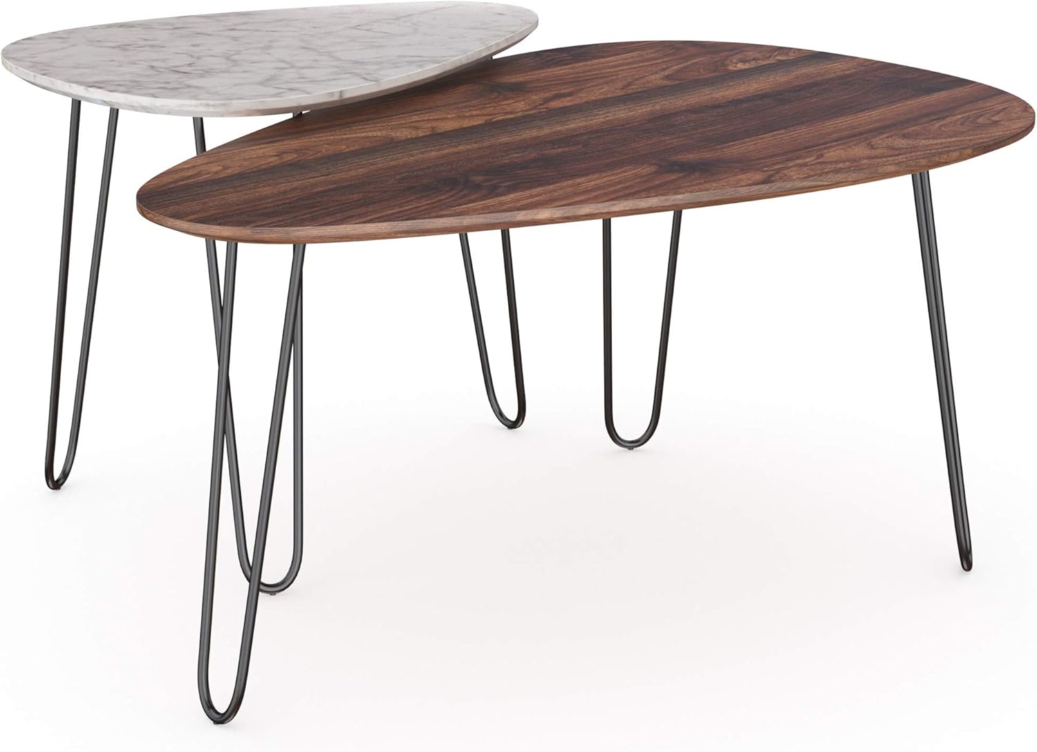 Nathan James Bodhi Mid-Century Nesting Coffee Table Set of 2, Stacking Side or End for Living Room with Faux Carrara Marble, Wood Finish and Black Metal Legs, White/Walnut: Furniture & Decor