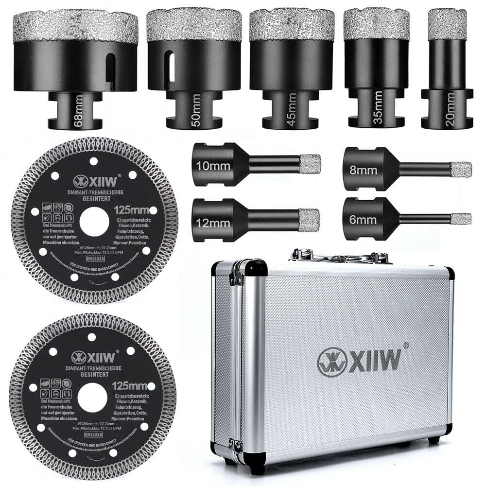 XIIW M14 Diamond Drill Bit 6/8/10/12/20/35/45/50/68 mm + 125 mm Cutting Disc for Angle Grinder Hole Saw Set Tiles Granite Porcelain Stoneware Ceramic Masonry Wet and Dry Drill Bit Tile Drill Bit