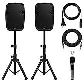 Bowens 8-Inch Bluetooth PA Speaker Set – Portable Speakers Bluetooth Wireless Microphone with Stands and Cable – Party Speaker & DJ Speakers Outdoor Sound System, PA System Set for Events, Karaoke
