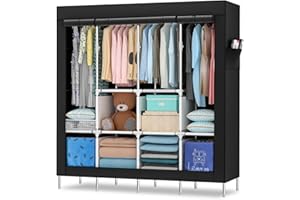 Mihoho Portable Wardrobe, 67 Inch Closet for Hanging Clothes, Metal Clothing Rack Organizer, Free Standing Wardrobe with Black Oxford Fabric Cover, 67" WX65 HX17.7 D (Classic Black, King-Size)