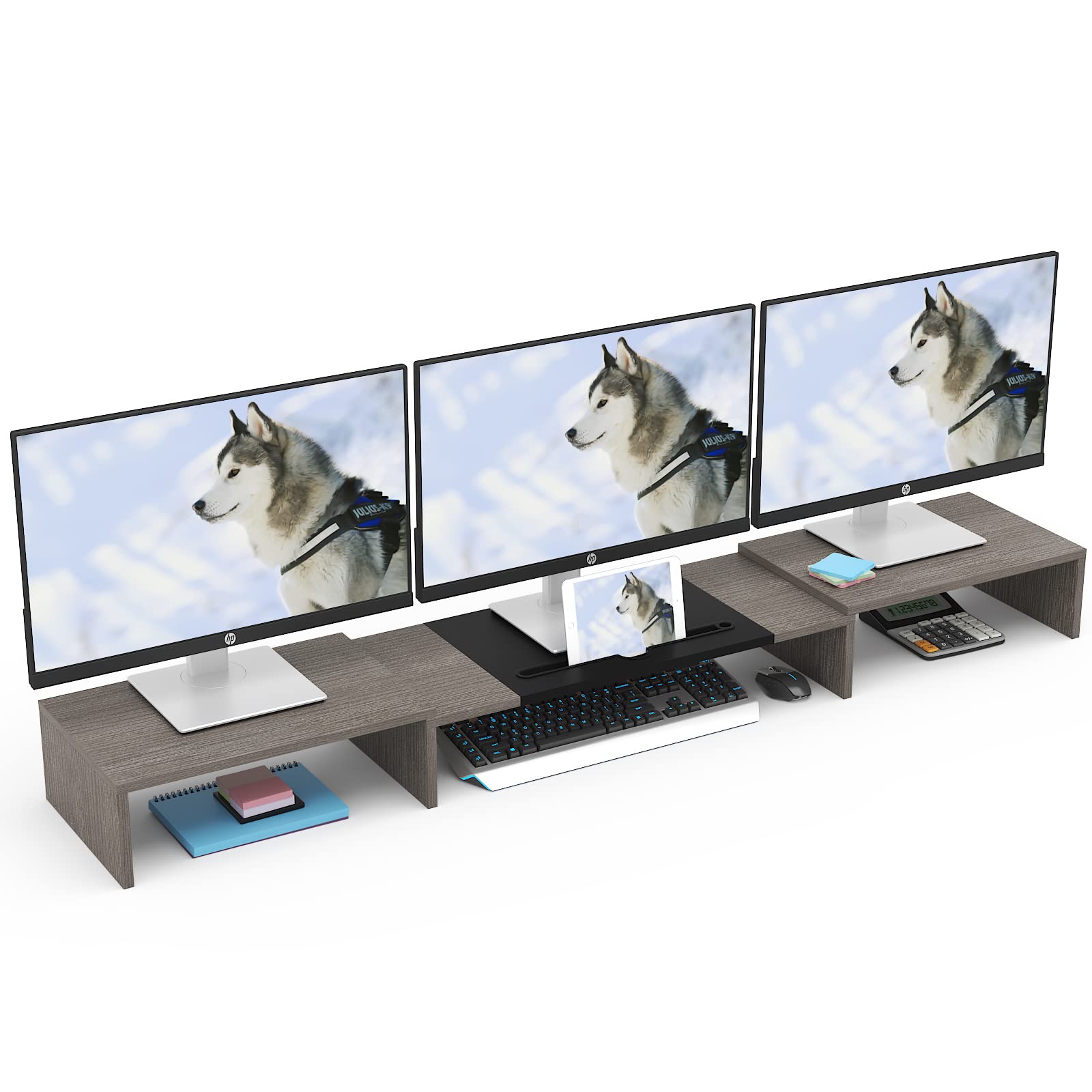 thumbnail image 2 of Triple Monitor Stand Riser - Adjustable Desk Organizer For 3 Screens With Storage Shelf 2 of 14