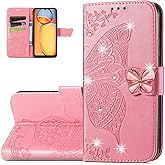 Dinglijia Wallet Case for Xiaomi Redmi 13C,Butterfly Pattern PU Leather Case with Magnetic Clasp and Cash Card Slots Cover for Redmi 13C,Rhinestone Pink