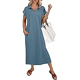 ANRABESS Womens Summer Casual Midi Dresses Short Sleeve Polo V Neck Loose Split Wrinkle-Free Beach Vacation Tshirt Maxi Dress