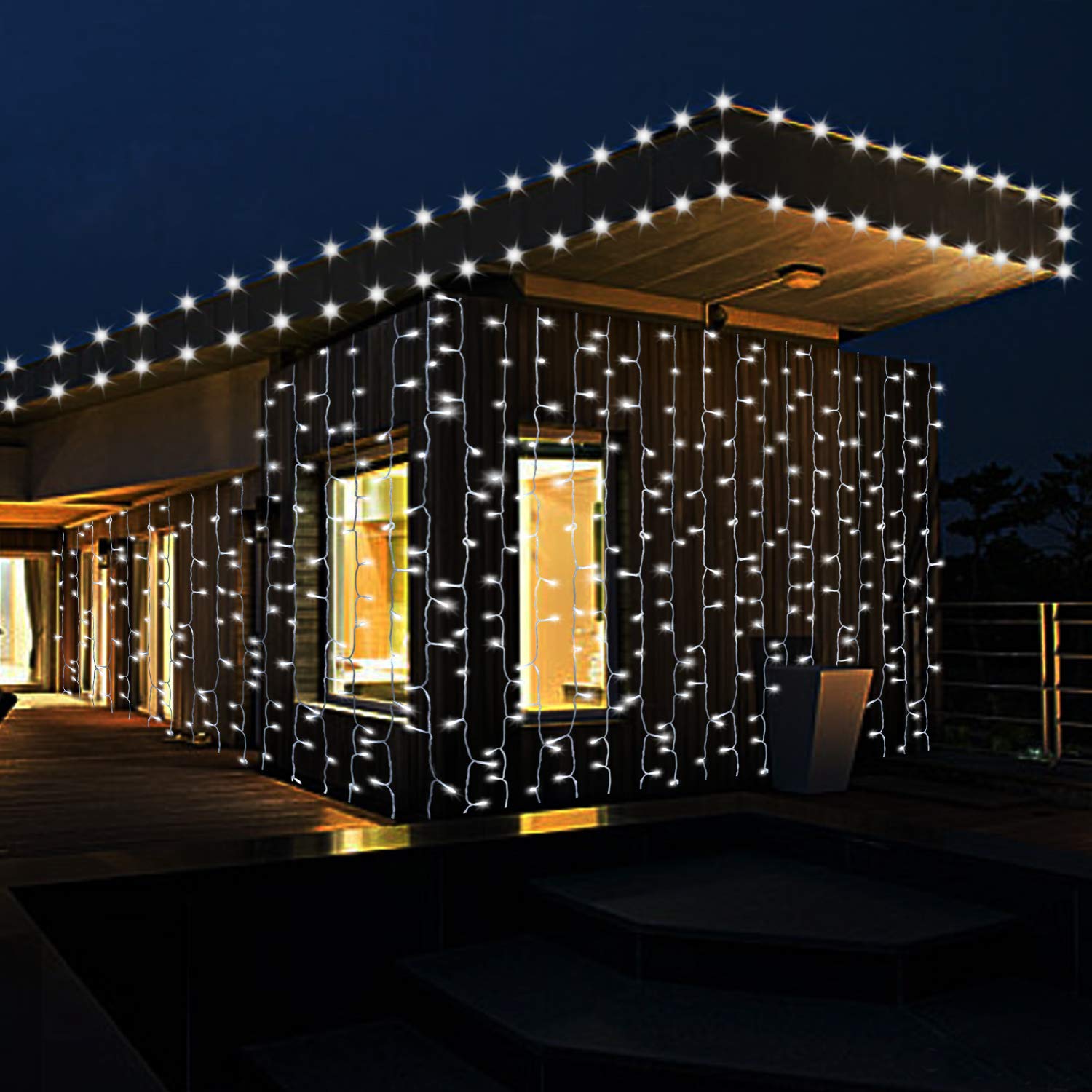 IMAGE Curtain Lights 6mx3m 600LED Mains Powered Curtain Fairy Light Waterproof String Lights with 8 Lighting Modes Decoration for Outdoor Garden Wedding Christmas, Cool White