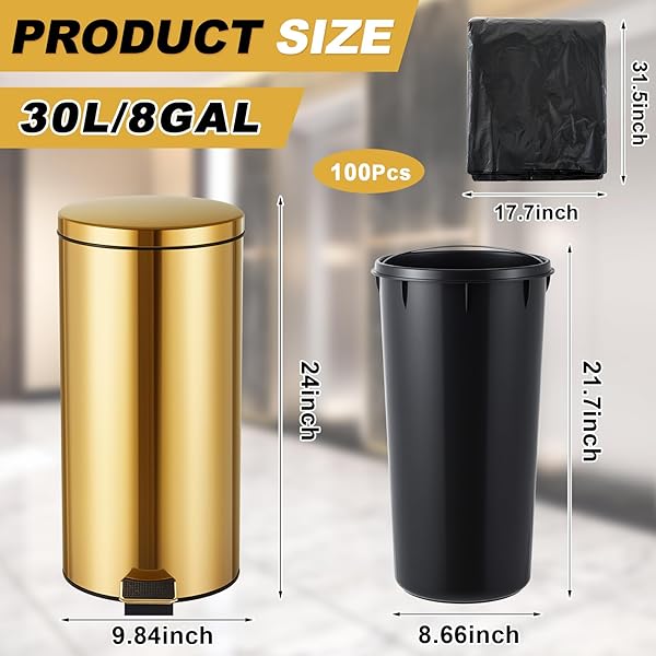 REALLNAIVE 30L/8GAL GOLD STEP TRASH CAN WITH 100 GARBAGE BAGS METALLIC GOLD BRASS LIDDED STEP KITCHEN GARBAGE BIN WITH LID COMMERCIAL COMPACT WASTE BASKET FOR SHOPPING CENTERS, ELEVATOR DOORS, HOTELS