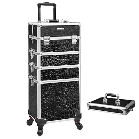 SONGMICS Alu Trolley Kosmetikkoffer Rollen Friseurkoffer Schminkkoffer mit Inhalt Handgepäck Box case Croco 7 in 1 schwarz XX