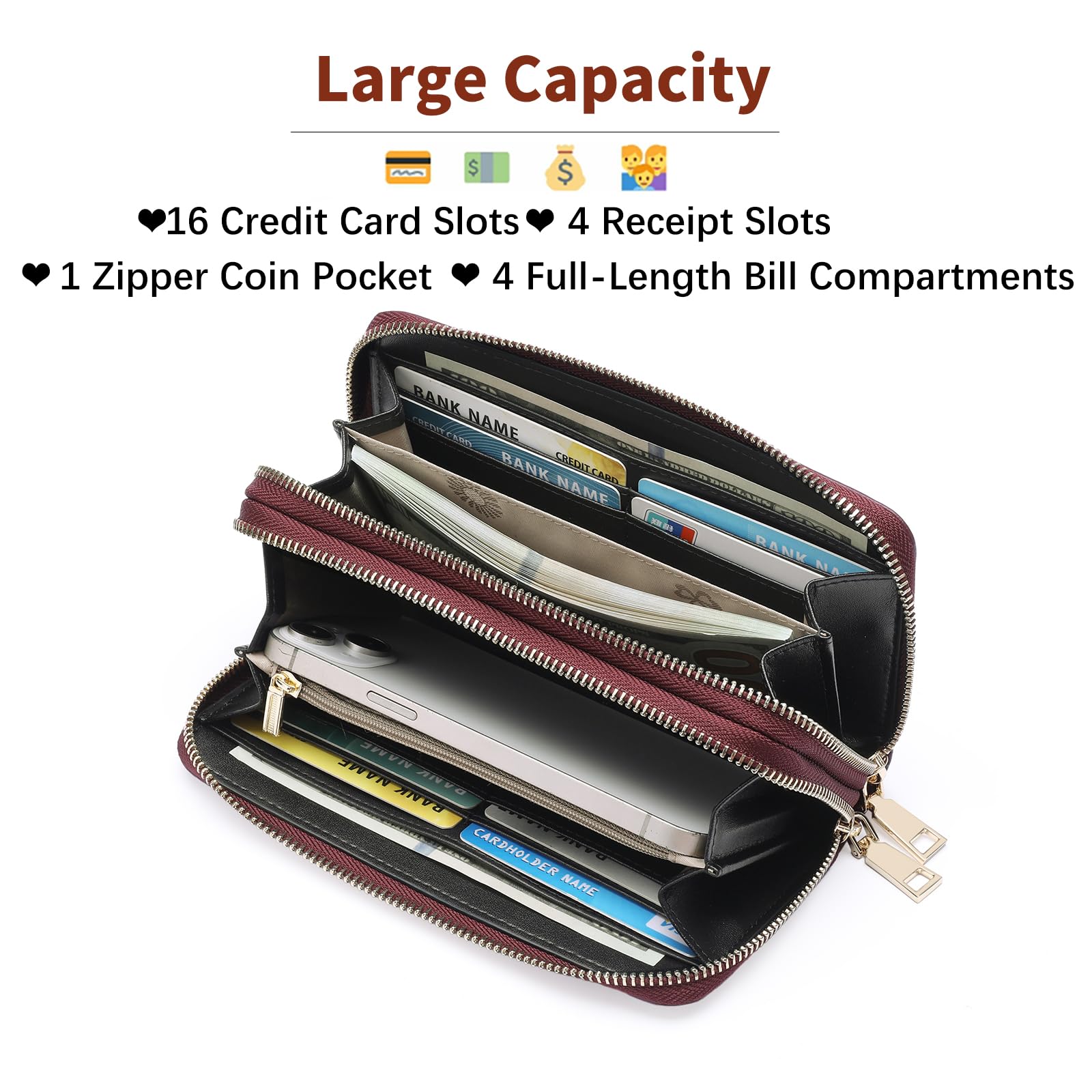 GOIACII Women's Wallet Large Capacity Double Zip Ladies Card Phone Holder RFID Blocking Wristlet Leather