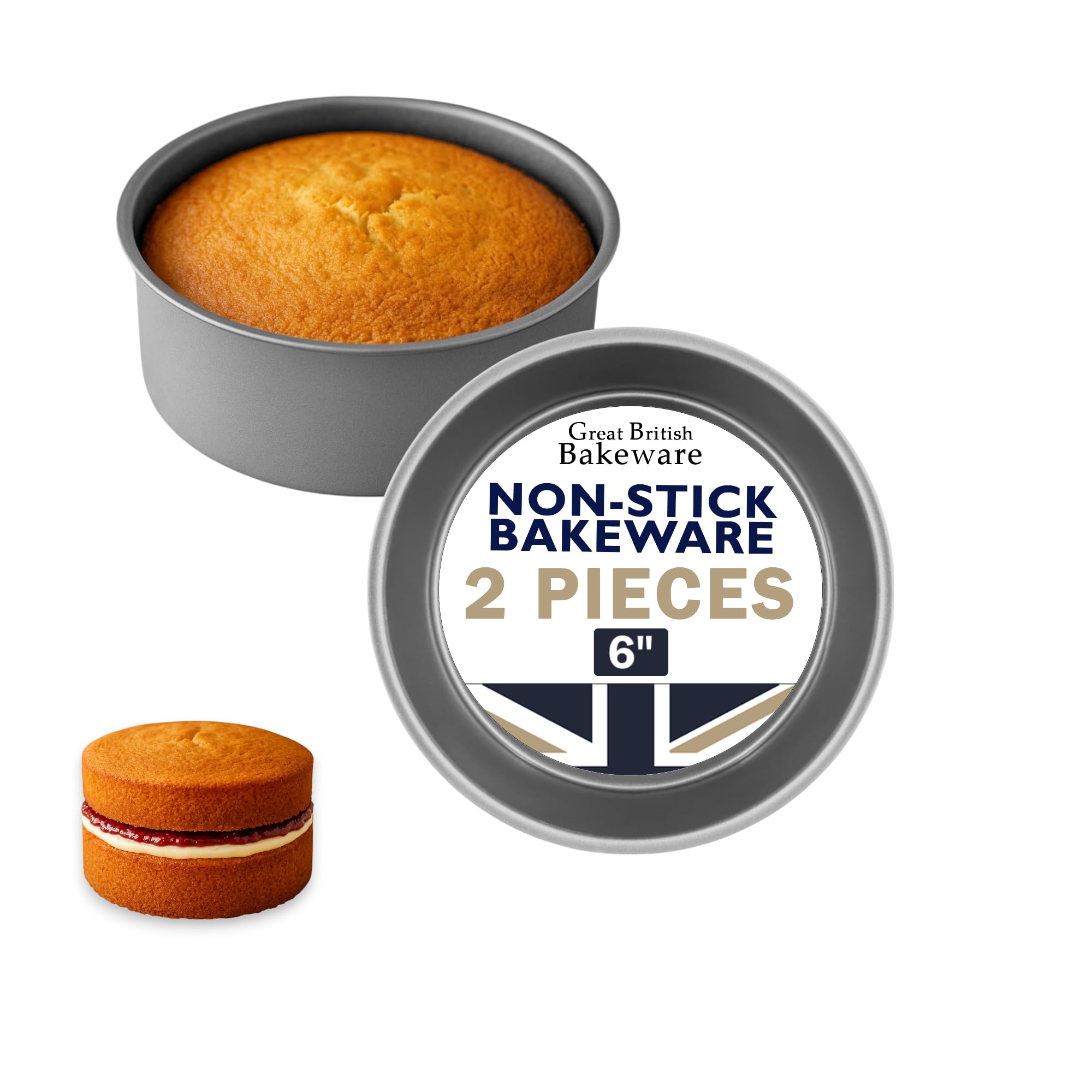 Great British Bakeware 2 Pack Deep 6" Superior Double Coated Non-Stick Victoria Sandwich Cake Tin, Straight Sided, Oven Safe, Round Cake Tin, Fixed Base, PFOA & BPA Free Cookware, Made in England