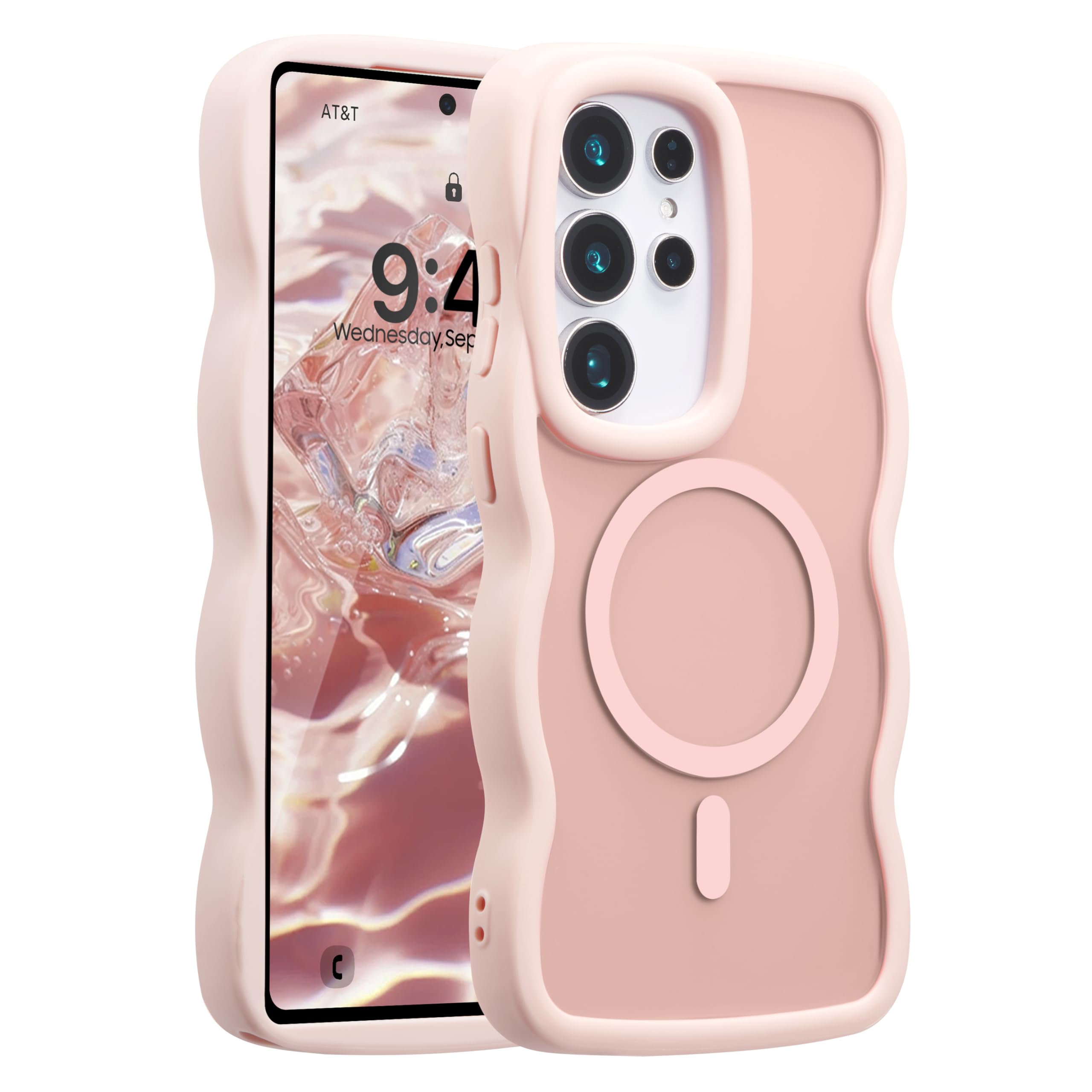 Photo 1 of UEEBAI Magnetic for Samsung Galaxy S25 Ultra 5G Case, Cute Cover Compatible with MagSafe, 2025 Transparent Clear Wave Design Wavy Frame Matte Phone Case- Pink