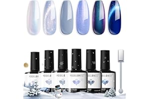 Modelones Gel Nail Polish Set, 6 Colors 2025 Christmas Winter Icy Blue Collection Glitter Gel Polish Galaxy White Dark Blue 9D Cat Eye Nail Polish with Magnet Soak Off Led Nail Art Kit Salon DIY Gift
