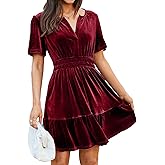 Simplee Women's 2025 Velvet Short Sleeve Cocktail Dress Fall Winter Casual V Neck Empire Waist Mini Dresses with Pockets