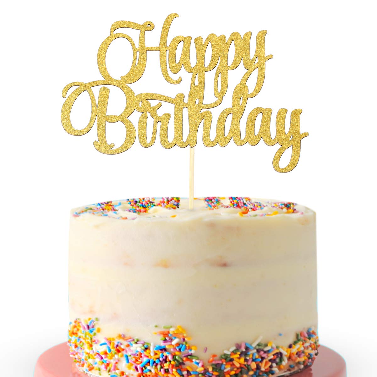 Gold Happy Birthday Cake Topper - Golden Glitter Birthday Party Cake Decoration Supplies, Single Sided Cake Smash Decoration Photo Booth Props