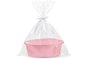 Pro Goleem Small Woven Easter Basket with Gift Bags and Ribbons Durable Baskets for Gifts Empty Small Rope Basket for Storage 12"X 8" X 5" Baby Toy Basket with Handles, Pink