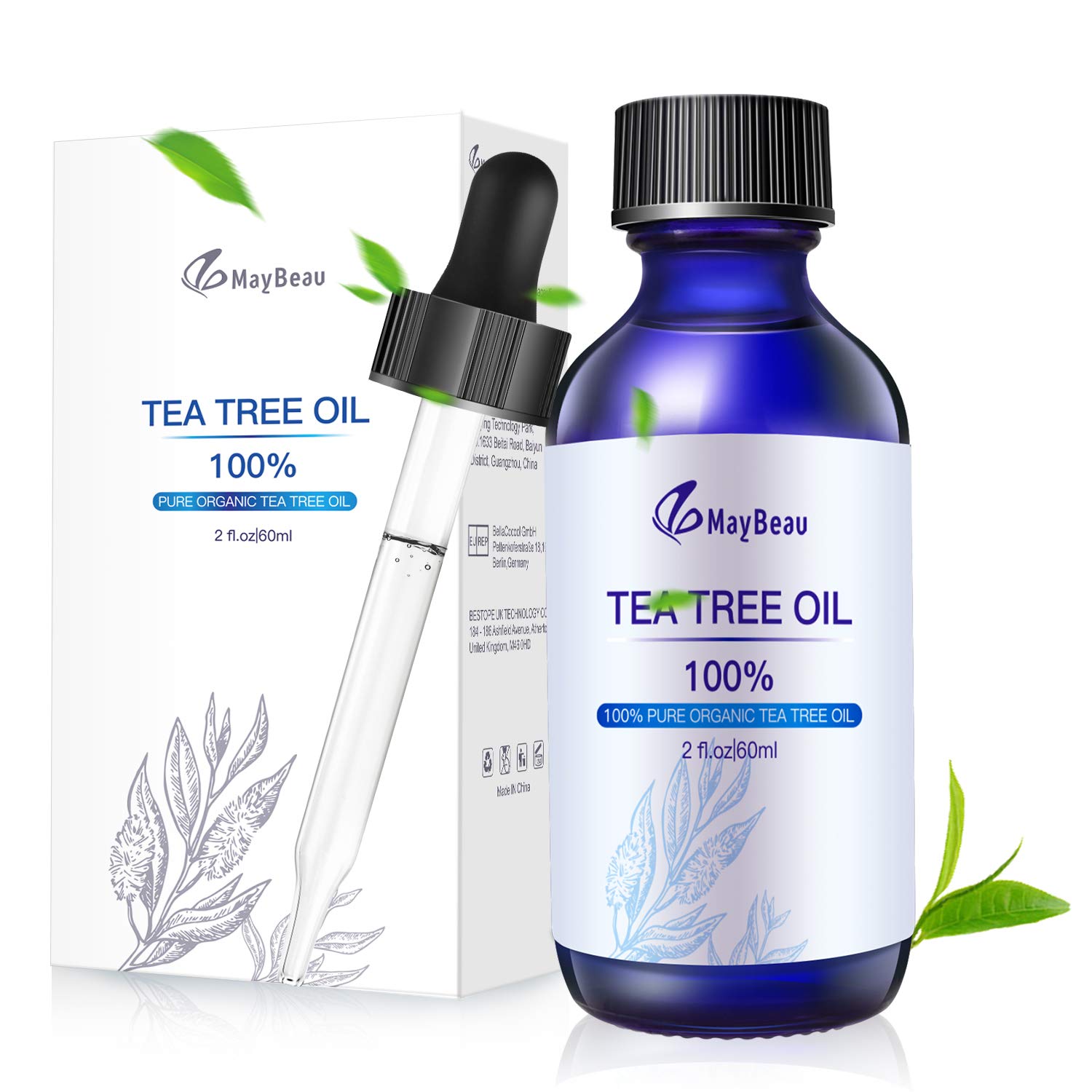 MayBeau Teebaumöl 60ml Tea Tree Oil, Bio Naturrein 100% Teebaum öl hilft bei Unreine Haut, Gegen Akne, Akne Öl, Pickel, Hautentzündungen, Warzen und Pilzen