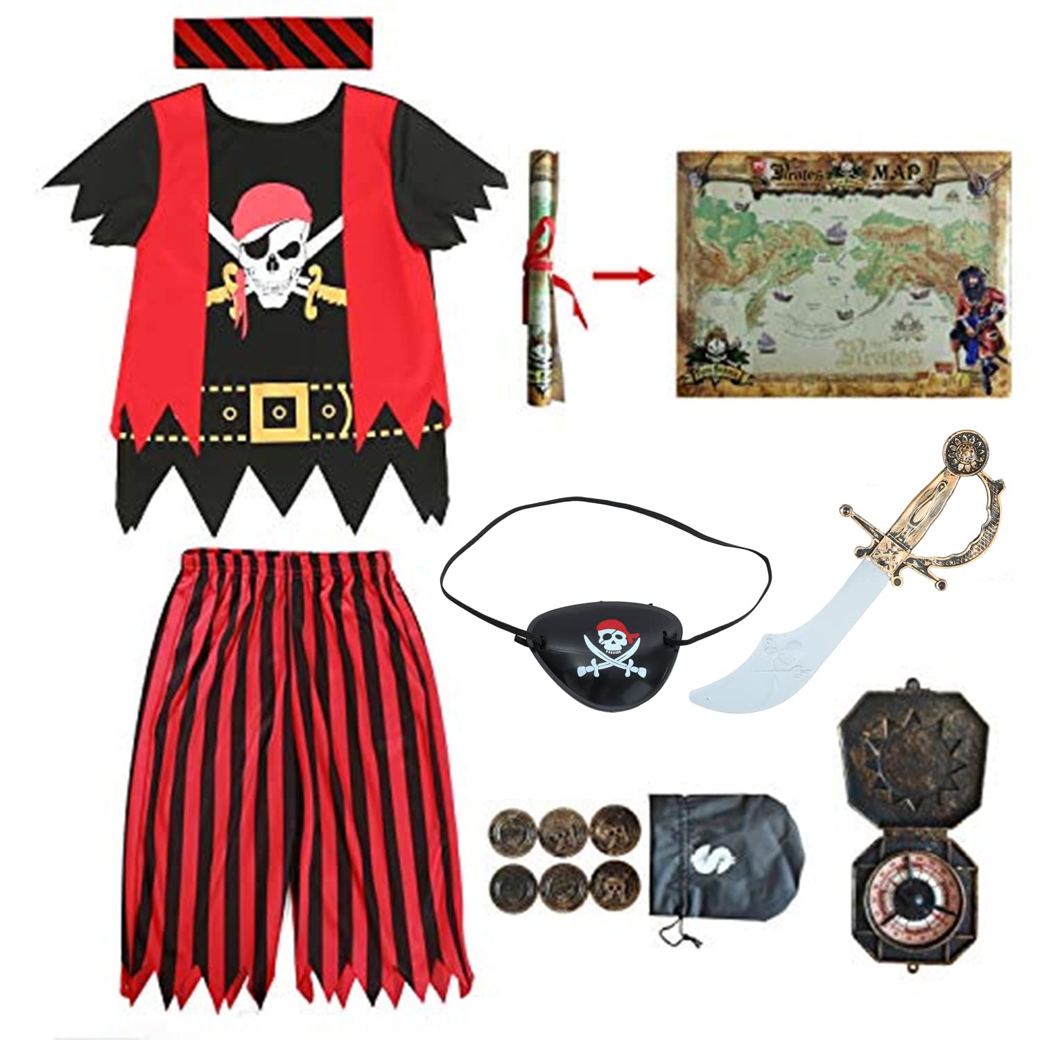 Kids Pirate Costume,Pirate Role Play Dress Up Completed Set 8pcs for Kids Size 3-4,5-6,7-8,8-10 (7-8years)