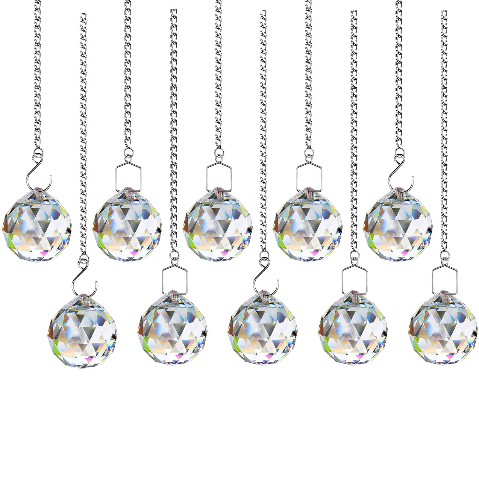 MirraSwit 10 Pcs Clear Crystal Ball Prism, Clear Sun Catcher, Sun Shine Catcher Rainbow Pendants Maker, Hanging Crystals Prisms for Windows, with Tail Chain, Hooks, Crystal Rope for Feng Shui, Gift
