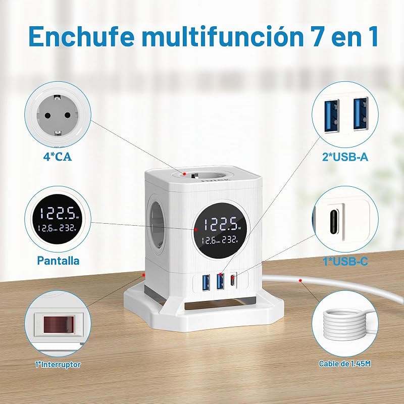 Regleta Enchufe Que Muestra la Potencia del Dispositivo, FDTEK Ladron Enchufe Que Muestra el Voltaje, Enchufe Cubo Que Muestra la Pérdida de Potencia., 4000W/16A, Blanco — foto 4 de 7
