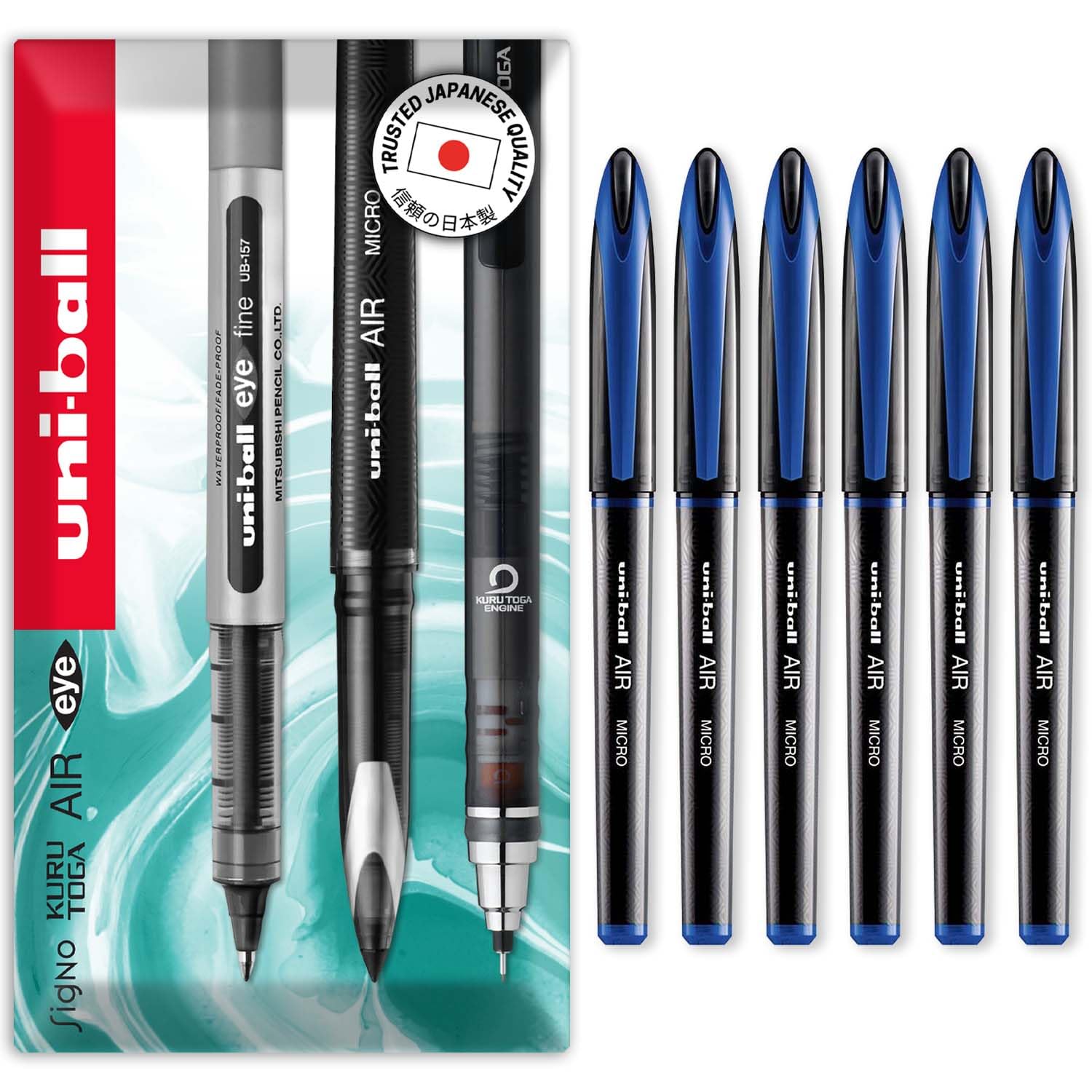 uni-ball AIR Micro - 0.5mm Fine Rollerball - UBA-188-M - In Envelope Gift Packaging (Pack of 6, Blue)