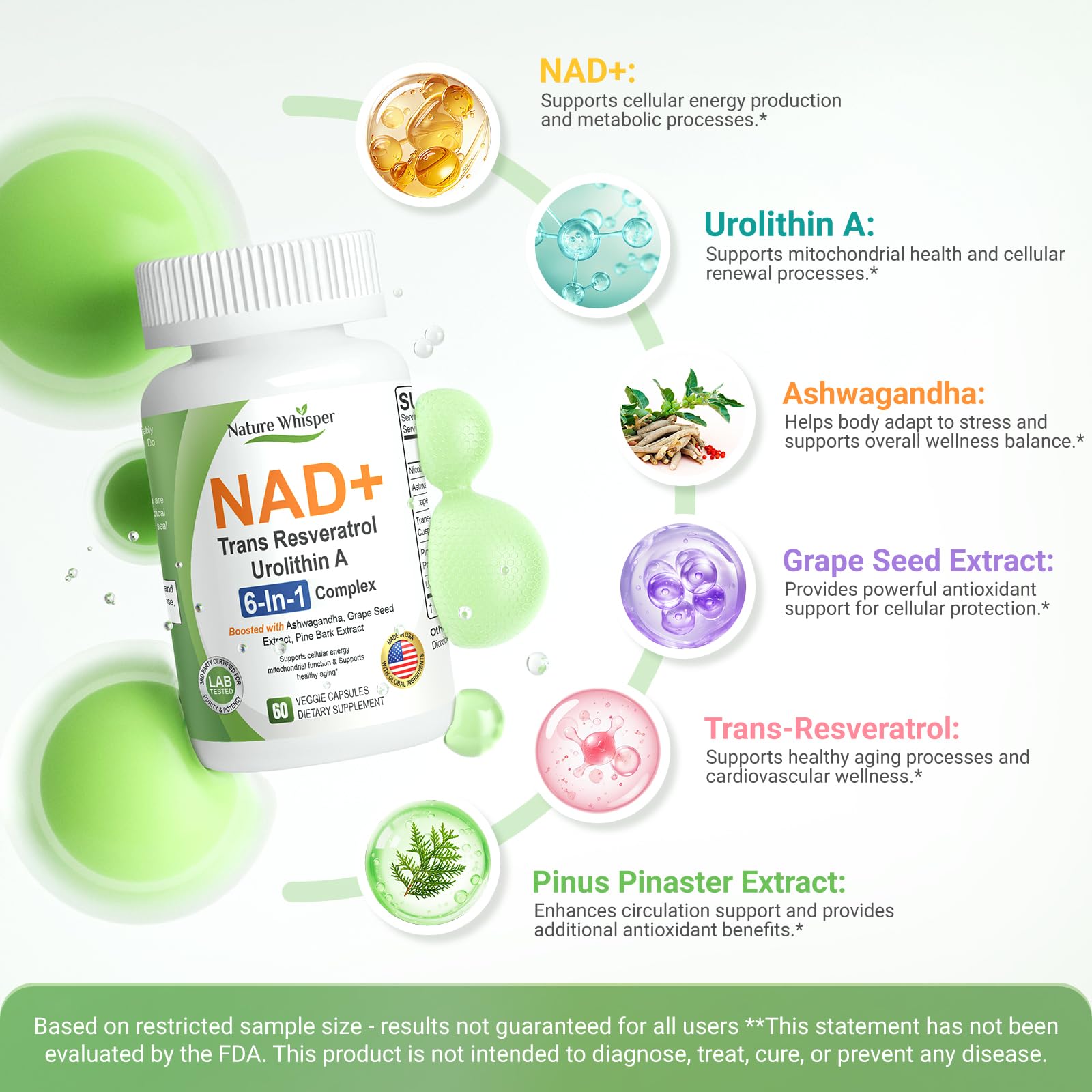 Nature Whisper NAD+ Resveratrol Supplements, 6-in-1 Complex with Trans-Resveratrol & Urolithin A, Ashwagandha, Grape Seed & Pine Bark Extract for Cellular Energy & Healthy Aging - 60 Capsules