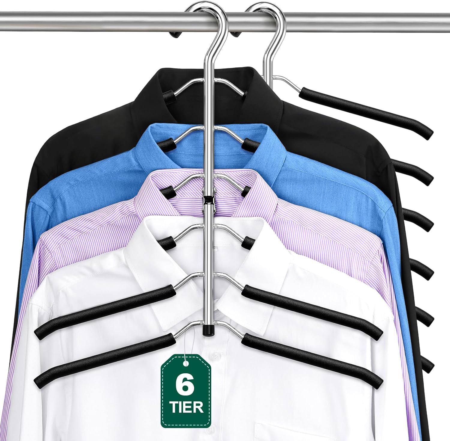 ZriEy 6 Tier Folding Clothes Hanger - Non Slip Foam Padded Space Saving Hangers, 2 Pack Black Metal T Shirt Hangers for Men Women Closet Organizers and Storage
