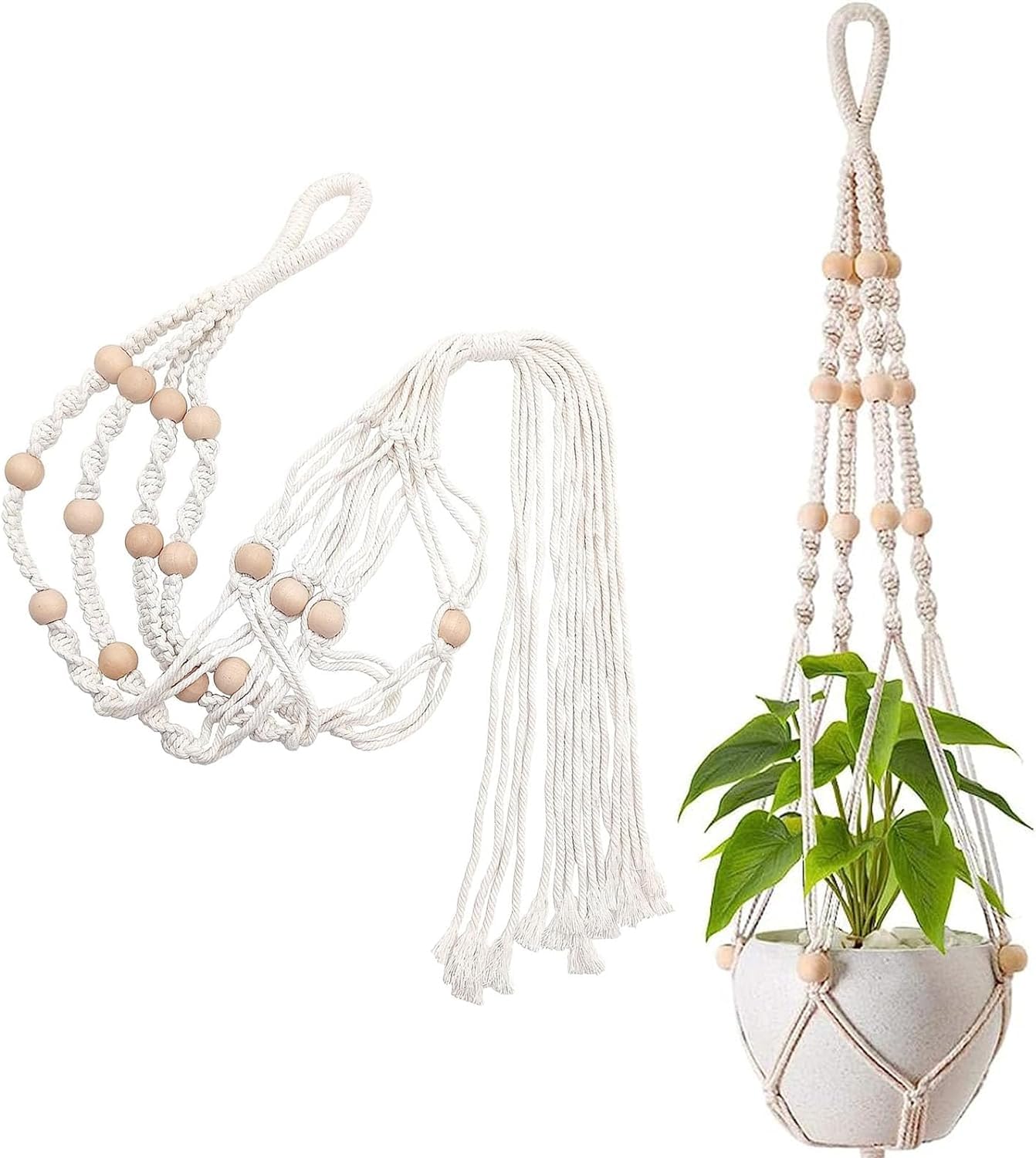 STOUCLA Macrame Plant Hanger, Plant Hangers, Indoor Hanging Planter Basket, Flower Pot Holder Cotton Rope, 100cm with Beads Tassels for Indoor Outdoor, Wall Hanging Plants, Office, Home Decoration