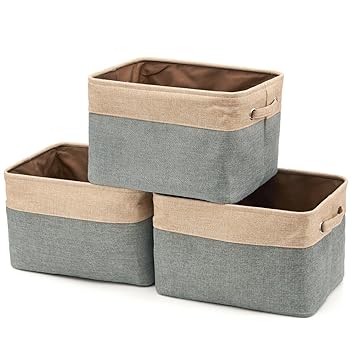EZOWare Faltbare Aufbewahrungsbox aus Leinen Aufbewahrungskorb mit Griffen – 3er Set (Grau/Beige)
