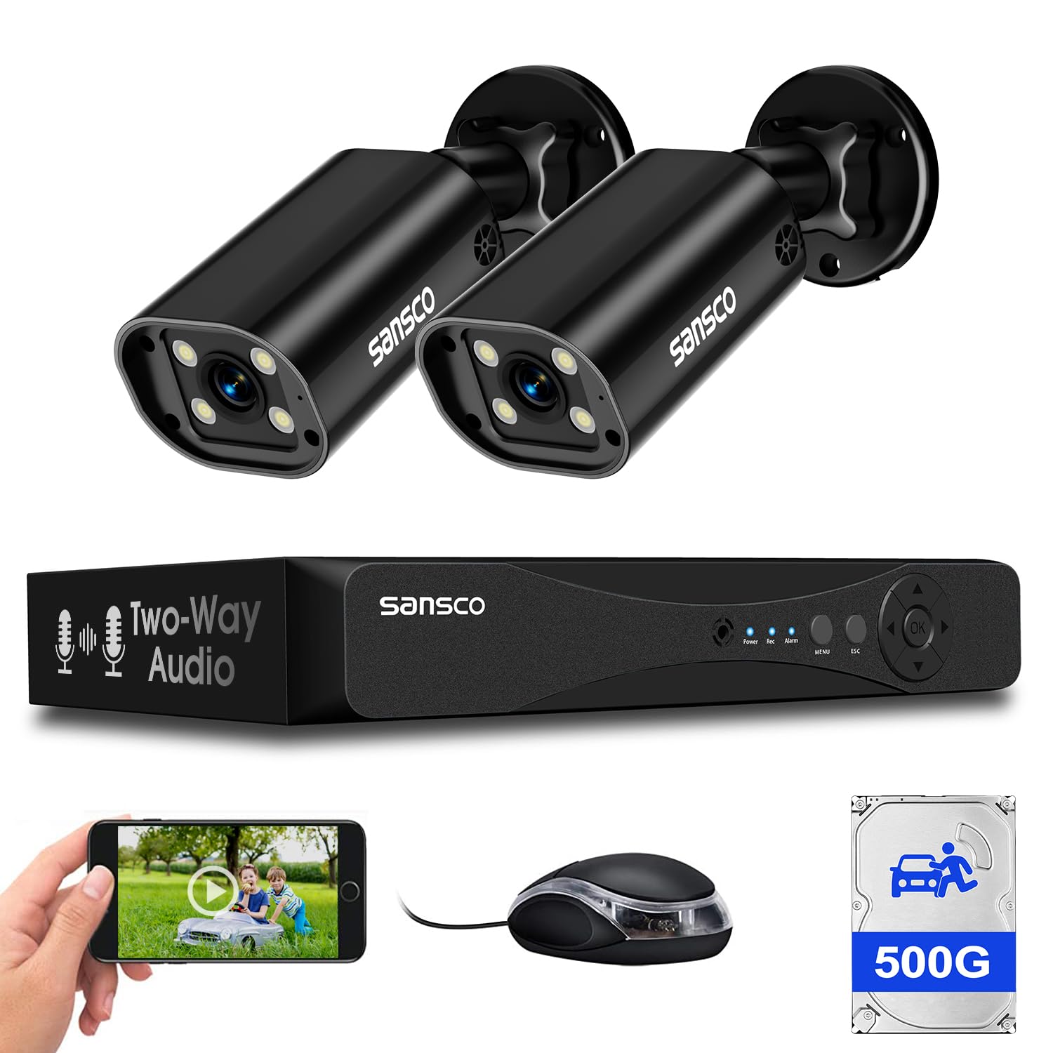 SANSCO 2-Way Audio/Talk, 3K Color Night Vision, Wired CCTV Camera System Outdoor with 500GB Hard Drive, 4 Channel DVR, 2 x 5MP Home Security Bullet Cam, Face/Human/Vehicle Detection, Email/App Alert