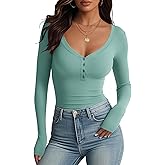 Meetrendi Women's Long Sleeve V Neck Shirt Sexy Henley Tight Slim Fitted Going Out Top Ribbed Button Fall Fashion 2025