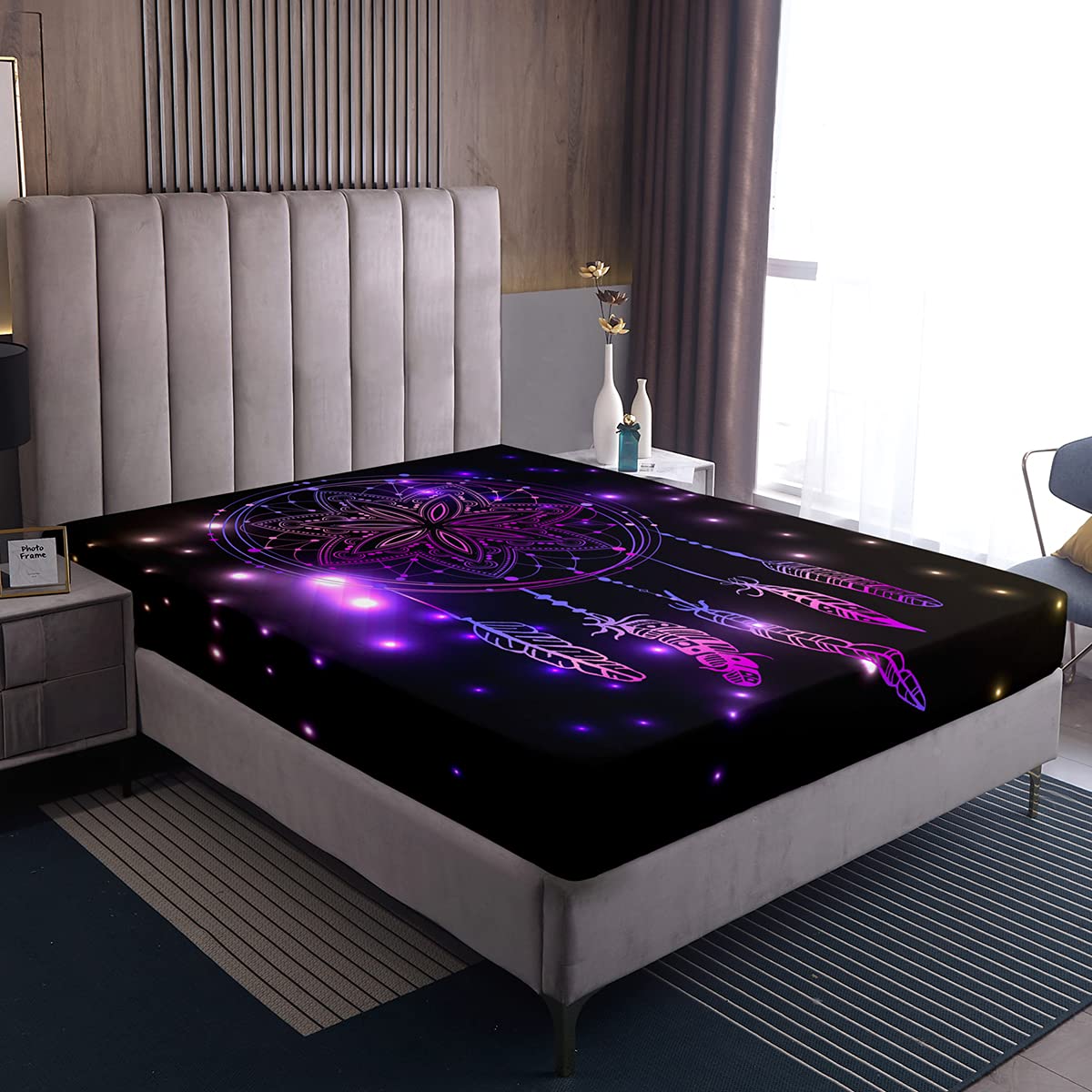 Loussiesd Purple Dream Catcher Fitted Sheet Girl Woman Bohemia Feather Fitted Sheet Single Tribal Exotic Mandala Dream Catcher Box Spring Bed Sheets Kids Bedroom Decorative