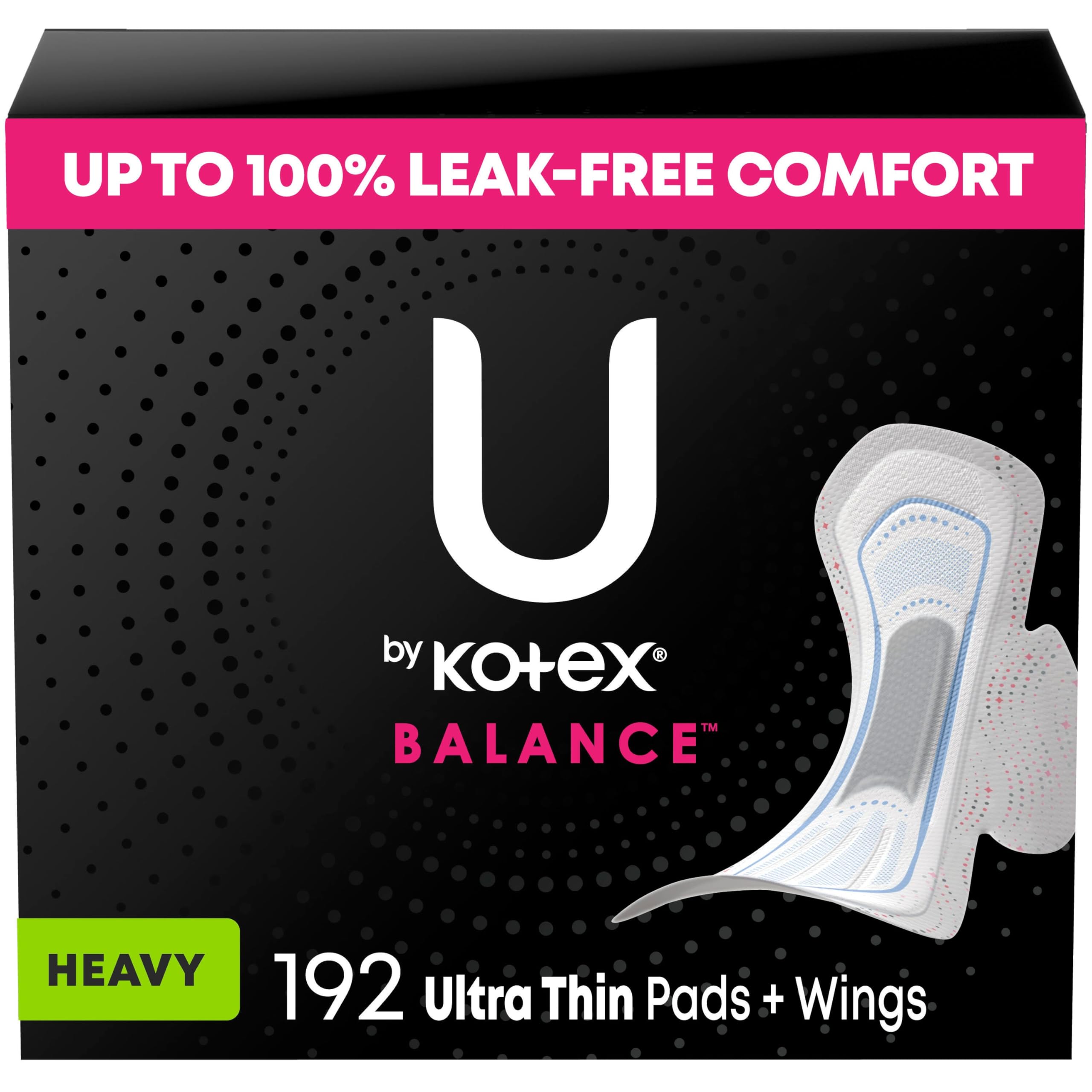 U by Kotex Clean & Secure Ultra Thin Pads with Wings, Heavy Absorbency, 192 Count (6 Packs of 32) (Packaging May Vary)