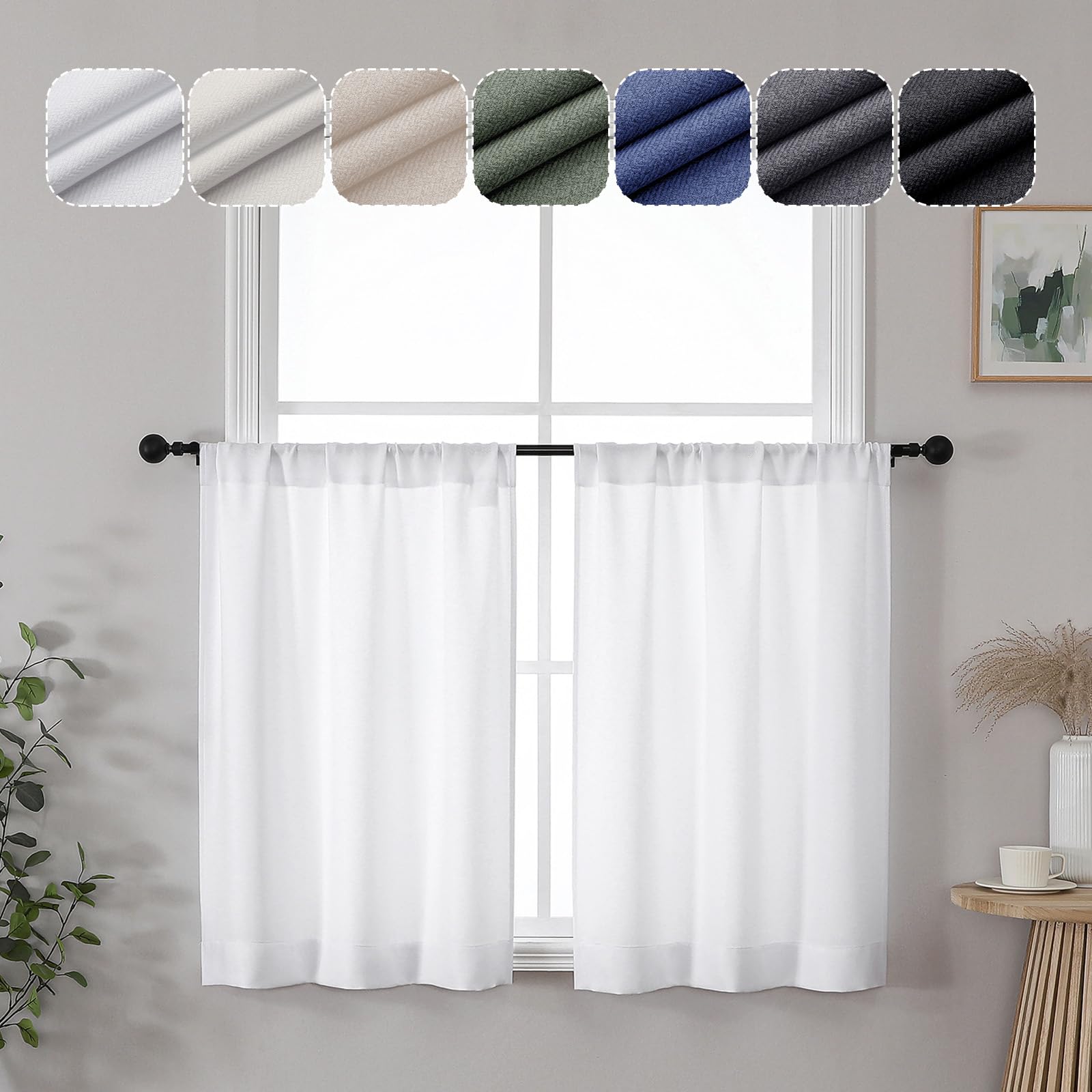 Photo 1 of Lecloud White Kitchen Curtains 36 Inch Length 2 Panels, Light-filtering Short Curtain for Windows, Farmhouse Window Treatments Curtain Tiers, Herringbone Textured Curtains Rod Pocket, Each 30 W x 36 L