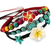 LAVIP Leather Anklet or Bracelet Starfish Turquoise Hawaiian Plumeria Flower Starfish Turquoise Hemp Bracelet