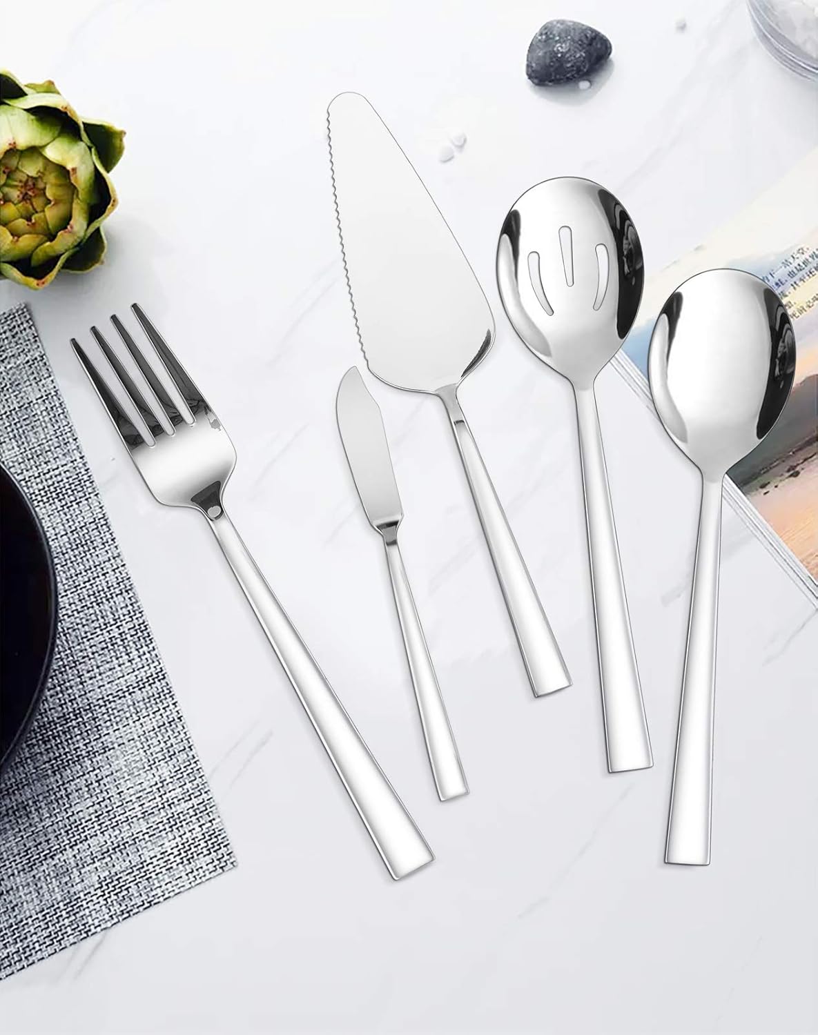 53-Piece Silverware Set, HaWare Solid Stainless Steel Modern Elegant Flatware Utensils, Includes 40-piece Cutlery Set, 5-piece Serving Set, 8-piece Steak Knives, Mirror Polished & Dishwasher Safe: Kitchen & Dining