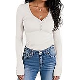 Prettywear Women Long Sleeve Henley Shirts V Neck Button Tight Slim Fitted Top Going Out Tees 2025 Trendy Spring Fall